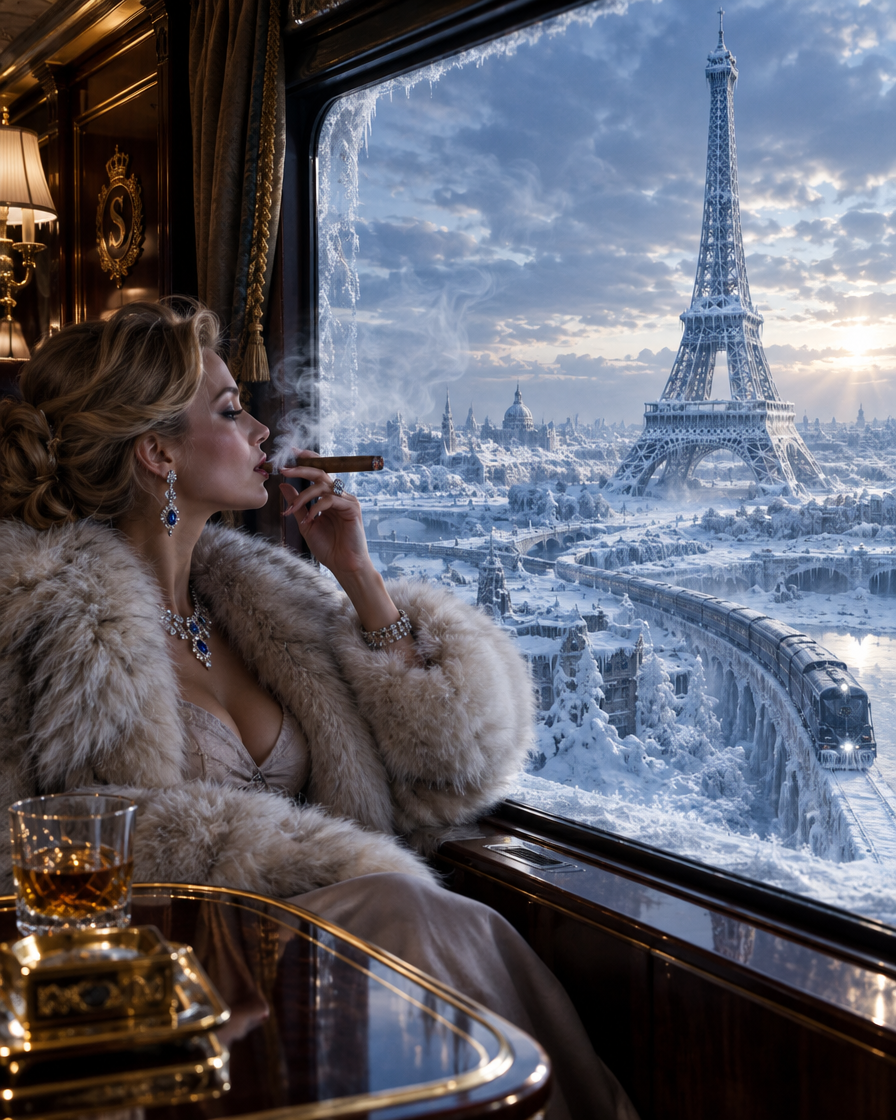 Elegant woman in a plush fur coat smokes a cigar inside a luxury vintage train overlooking snow-covered Paris and the Eiffel