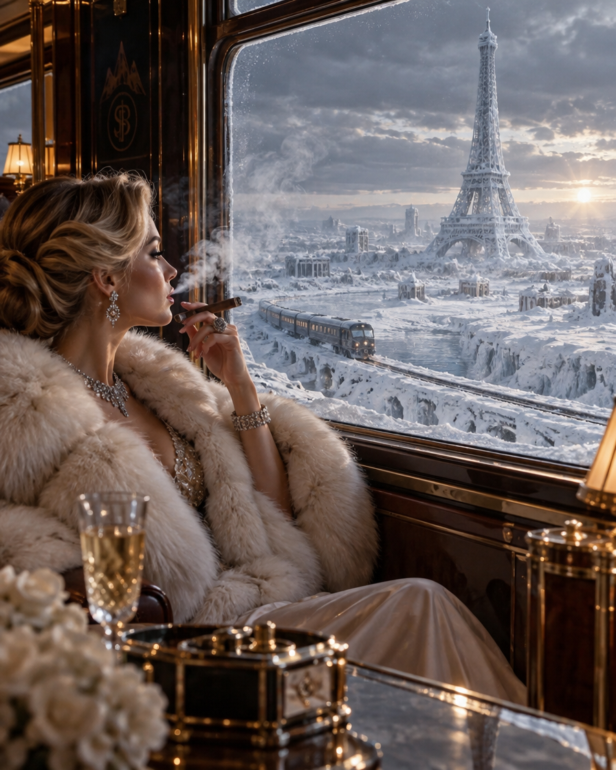 Elegant woman in a cream fur coat smokes a cigar inside a luxury train overlooking snow-covered Paris and the Eiffel Tower