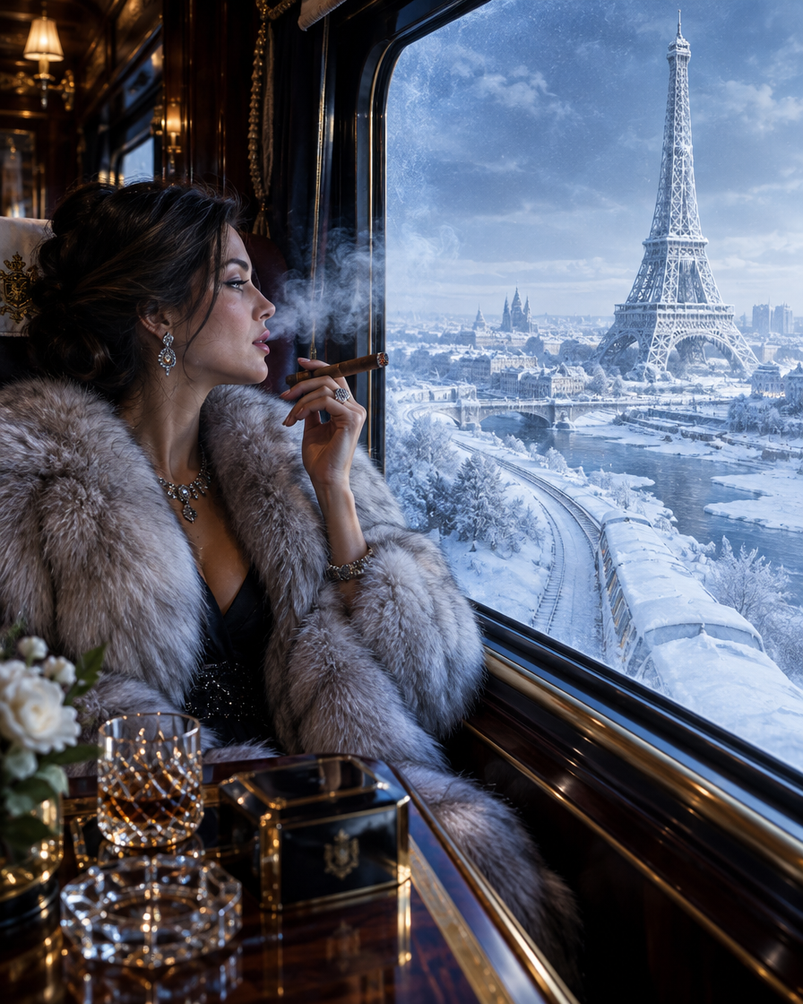 Elegant woman in a fur coat smokes a cigar from a luxury train overlooking snowy Paris and the Eiffel Tower