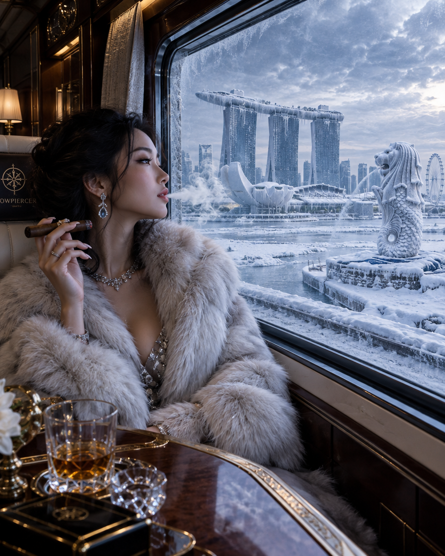 Elegant woman in a fluffy fur coat holds a cigar looking out a luxury train at snowy Singapore skyline