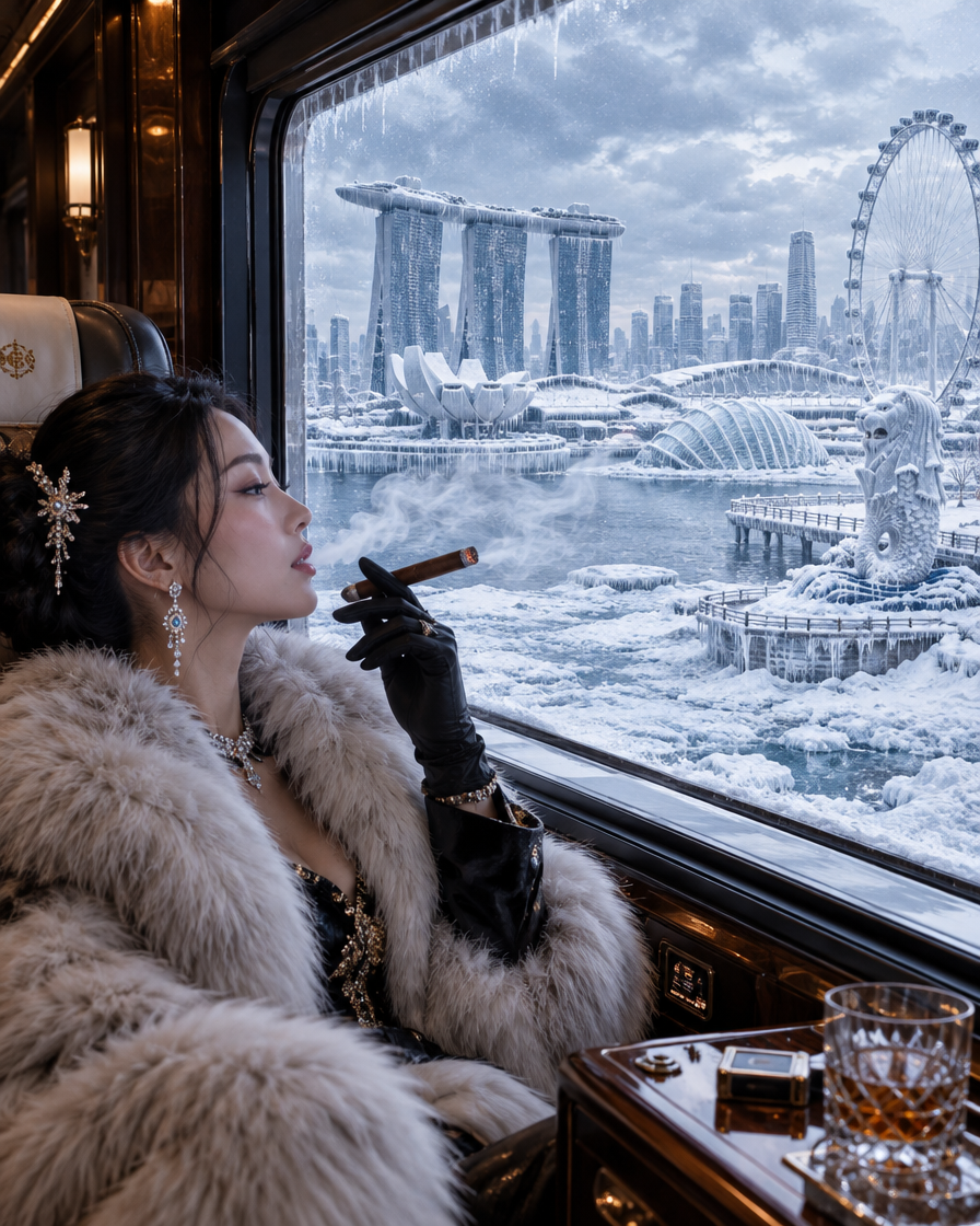Elegant woman in a fur coat holds a cigar while gazing out a luxury train window at frozen snowy Singapore
