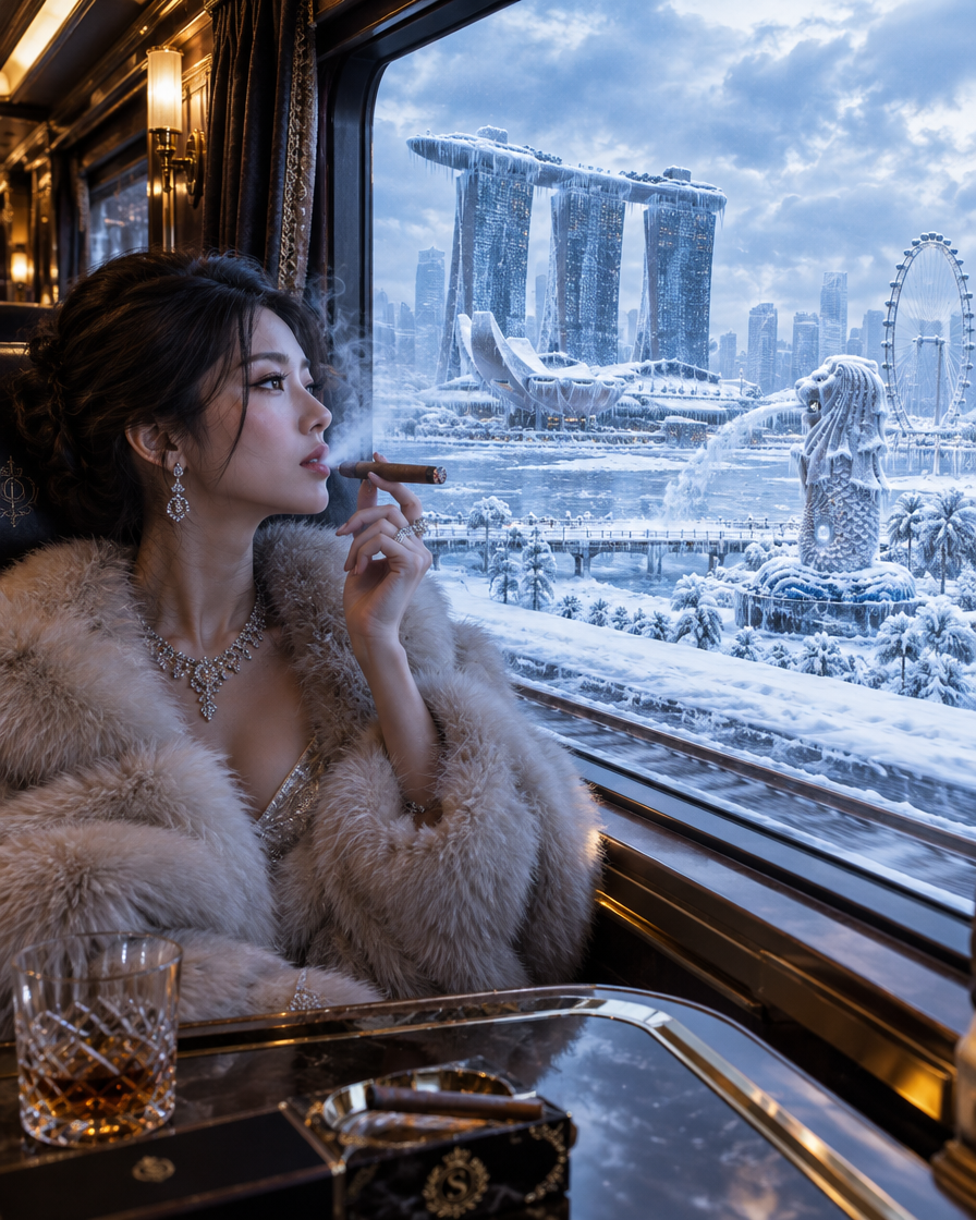 Elegant woman in a plush fur coat smokes a cigar from a luxury train overlooking frozen snow-covered Singapore skyline