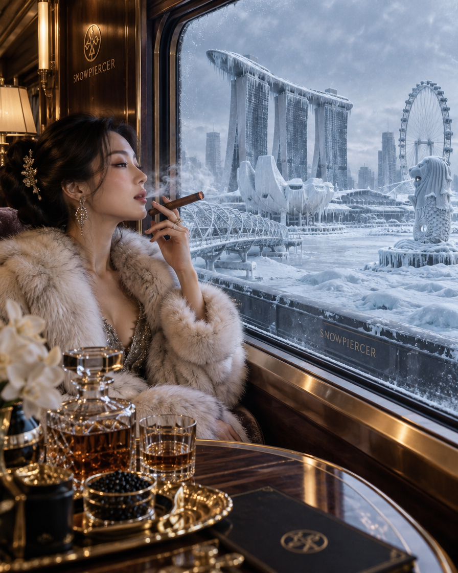Elegant woman in a fur coat holds a cigar inside a luxury Snowpiercer train overlooking frozen Singapore