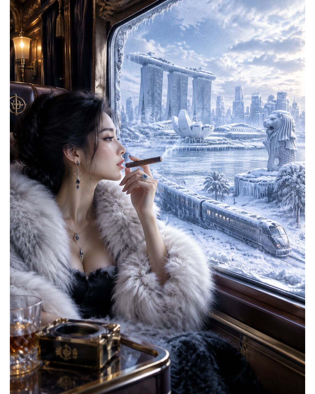 Elegant woman in a plush fur coat smokes a cigar while looking out at a frozen snow-covered Singapore skyline from a luxury