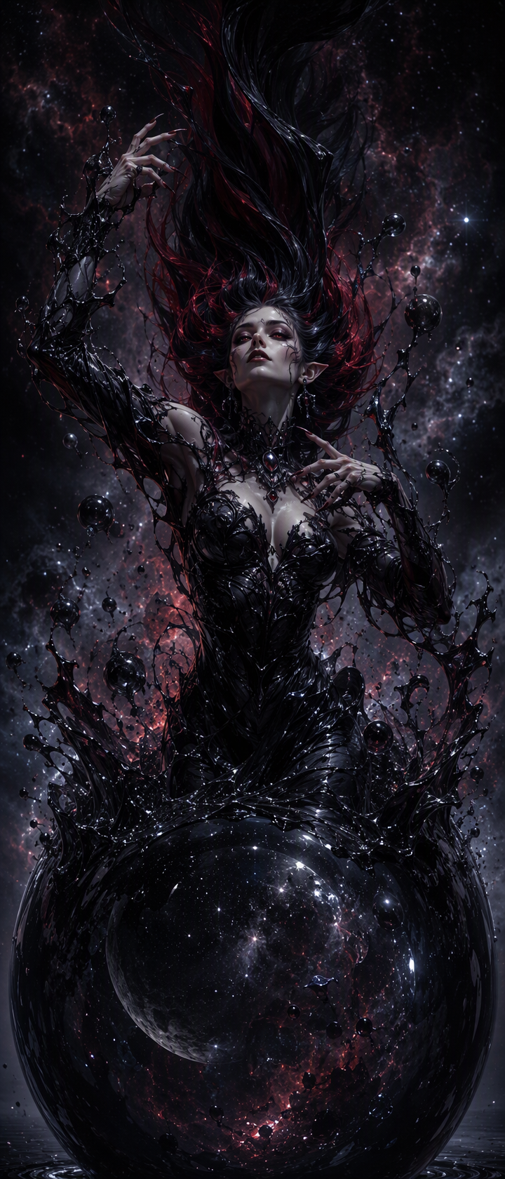 Dark fantasy elven sorceress rising from swirling inky liquid beside a cosmic orb against a starry nebula
