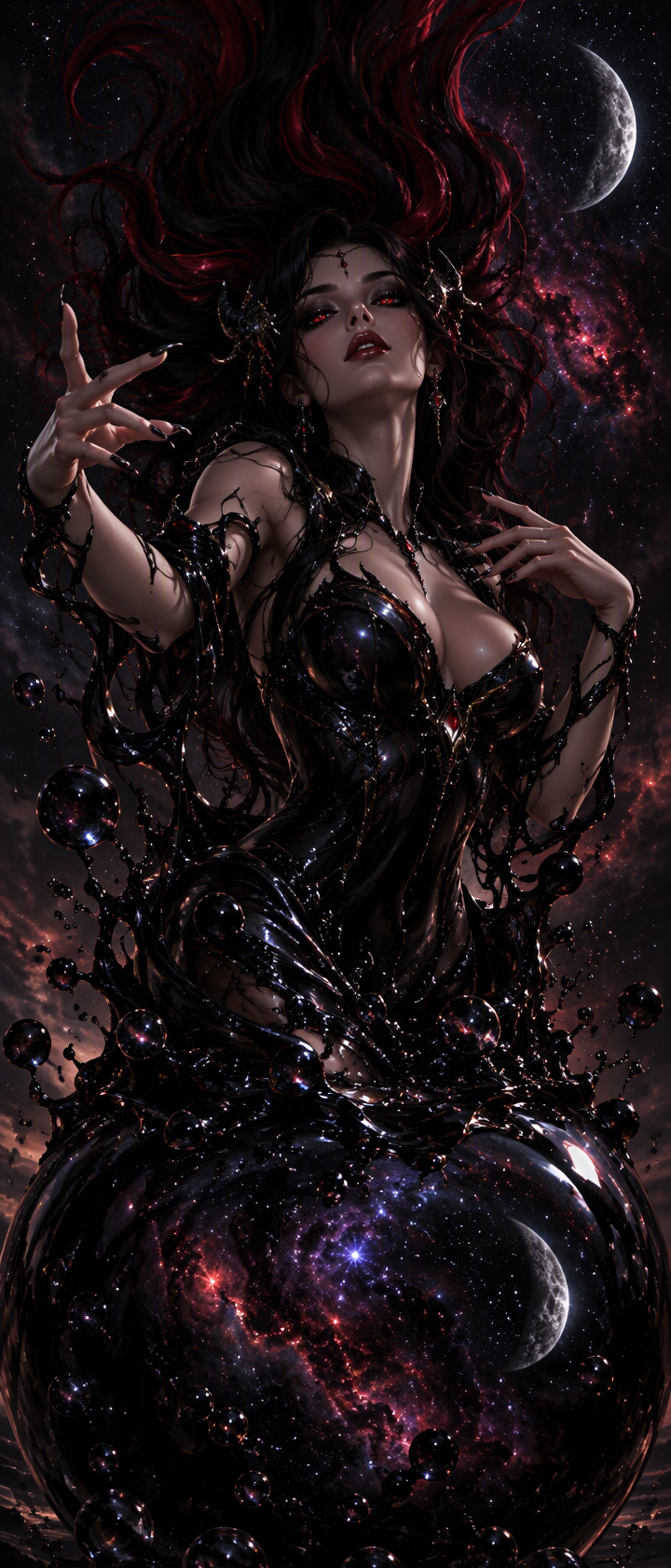 Dark gothic sorceress conjuring magic from glossy black cosmic liquid under a starry crescent moon sky