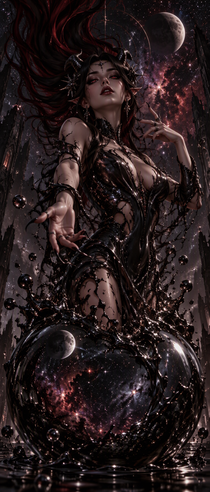Horned dark fantasy sorceress conjures inky shadow magic around a cosmic heart under a starry crescent moon sky