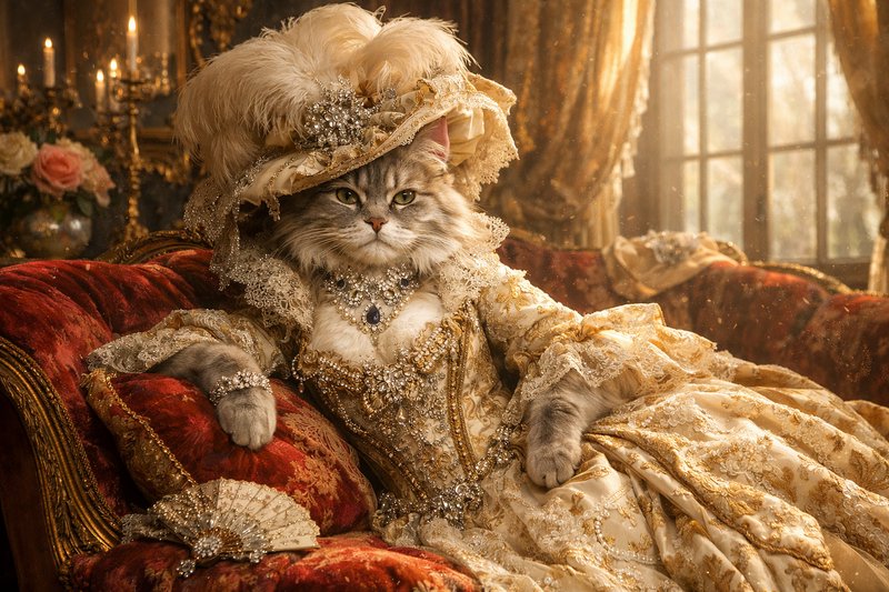 Cat dressed in an opulent Victorian-era gown with pearls and a feathered hat on a red velvet settee.