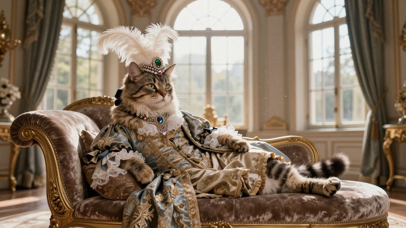 Regal cat in an ornate royal costume lounging on a velvet chaise in a sunlit, gilded room