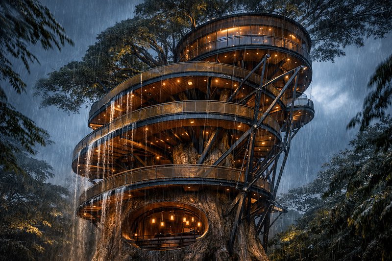 Circular multi-level treehouse hotel wrapped around a large tree in the rain at night with warm lights.