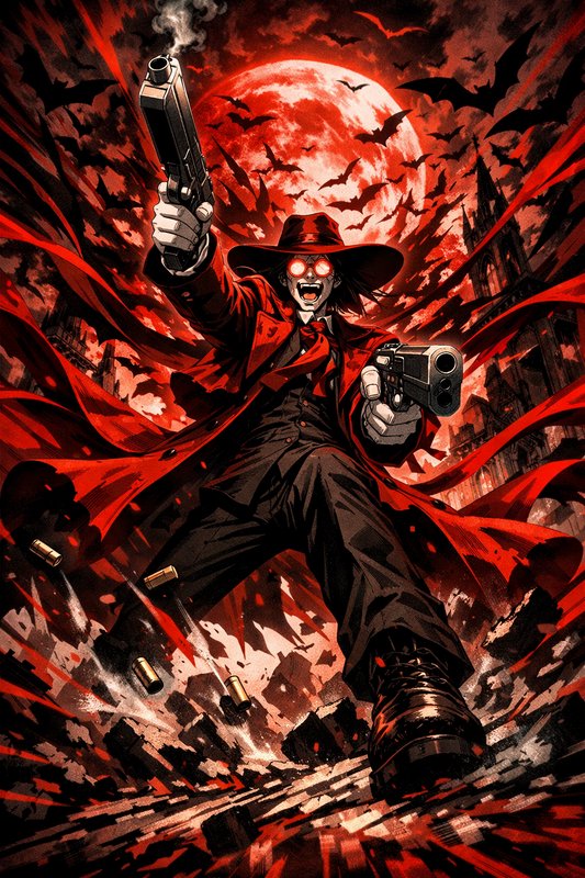 Stylized red-hued comic gunslinger with a cape, dual pistols, and a full red moon backdrop.