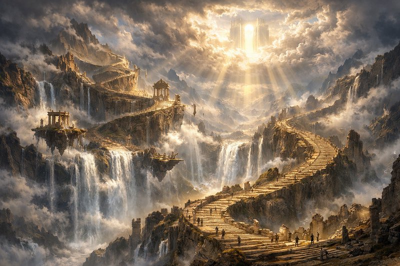 Epic fantasy landscape with cascading staircases carved into rocky cliffs and misty waterfalls.