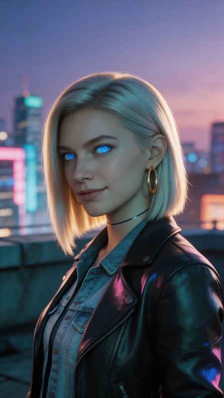 Portrait of a young woman with a blonde bob and bright blue eyes against a neon cityscape at dusk.