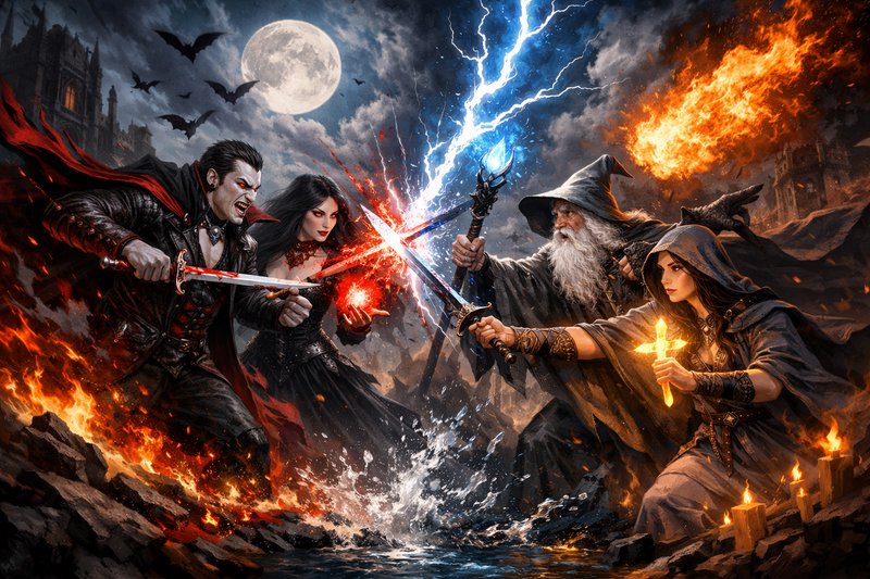 A dramatic fantasy artwork depicting a four-way du | EternaSky on ...