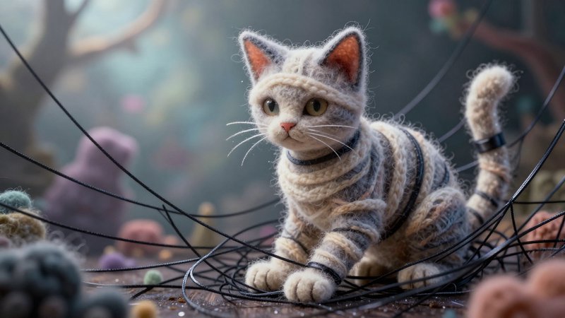 Hand-knitted wool cat sculpture tangled in black cords, soft beige and gray stripes