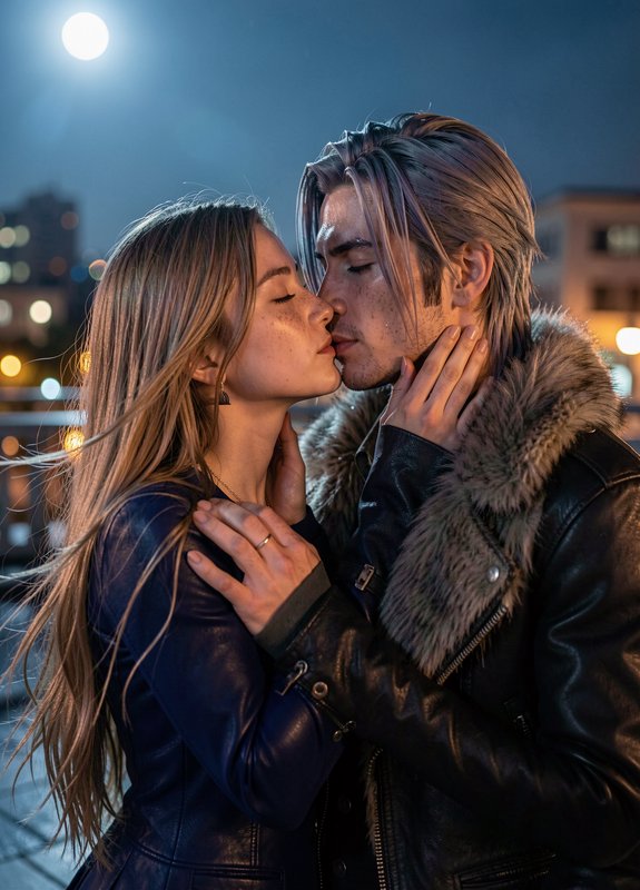 Couple kissing on a city rooftop at night in leather jackets.
