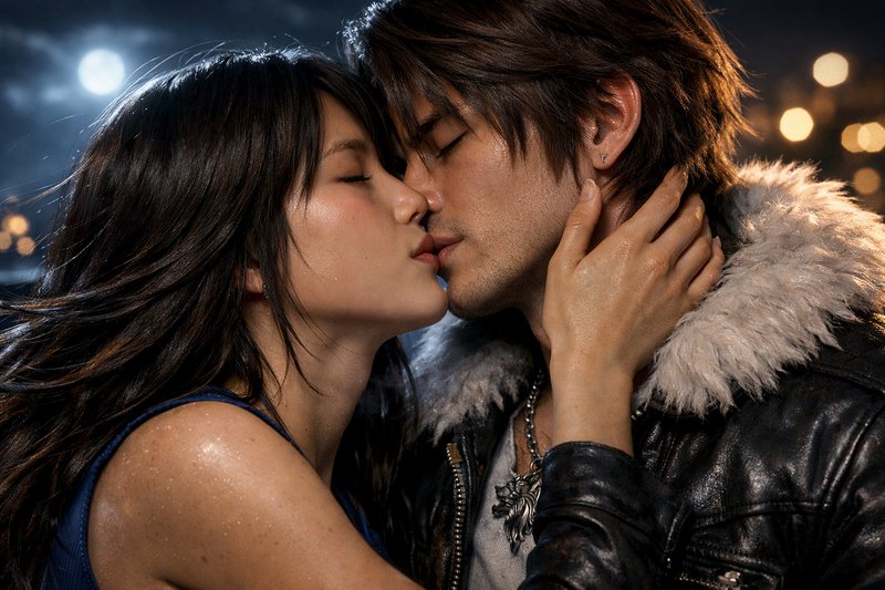 Close-up of a couple kissing outdoors at night, woman in a blue top and man in a leather jacket with fur collar.