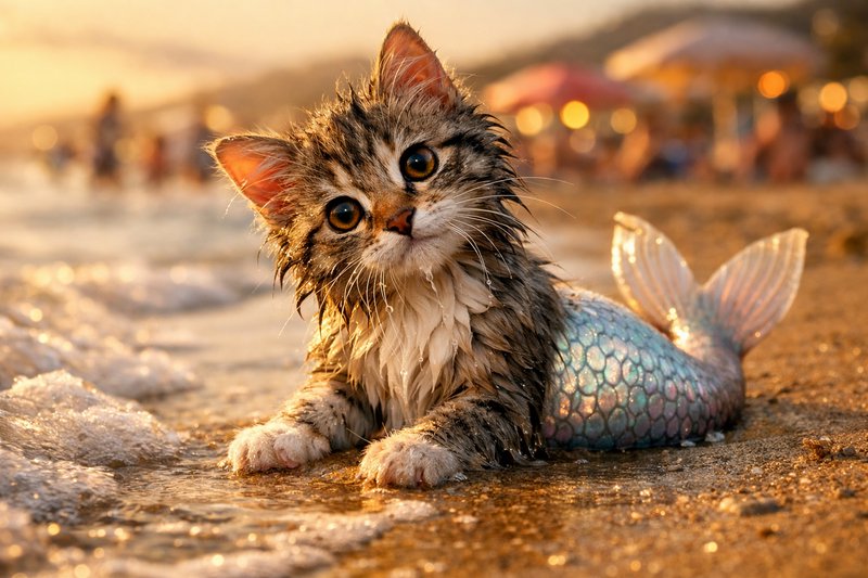 Wet tabby kitten with a shimmering mermaid tail on a sunny beach