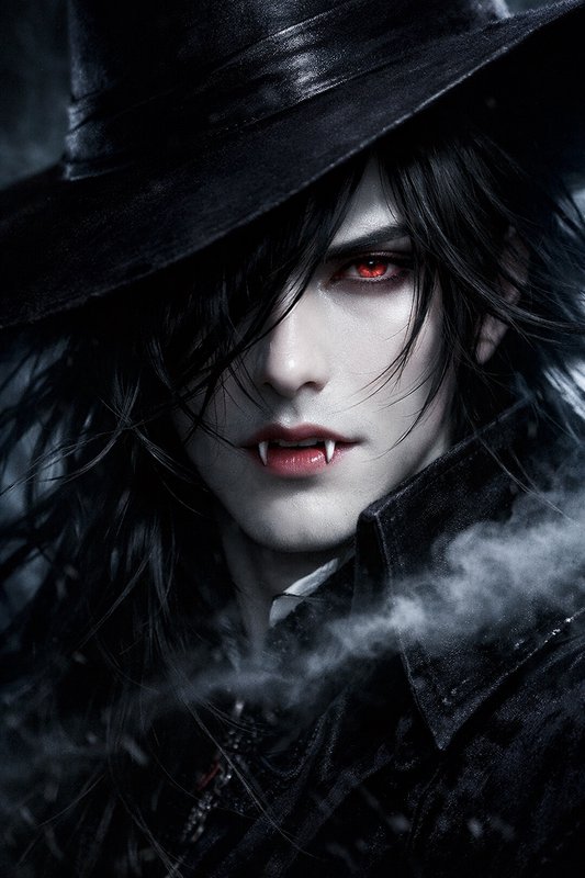 Dark fantasy vampire with red eye, fangs, black hat and cloak in a moody snowy portrait.
