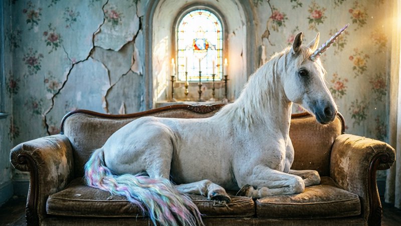 White unicorn with pastel mane resting on a vintage sofa in a dilapidated room.