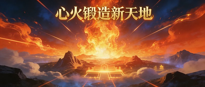 Fiery explosion over a glowing golden city nestled among mountains with a dramatic sky and Chinese text above.