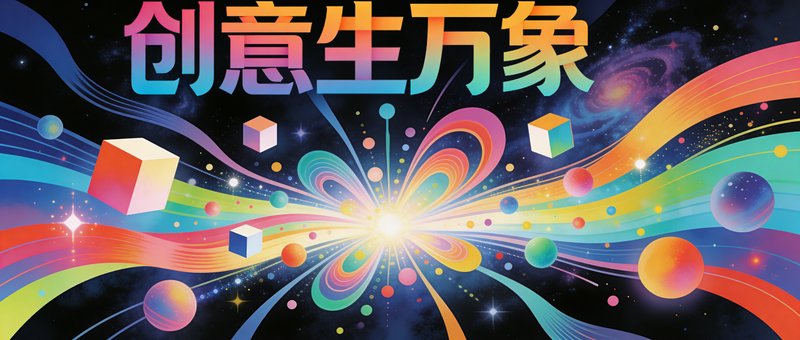 Bright abstract cosmic art with rainbow waves, cubes, and a glowing center.