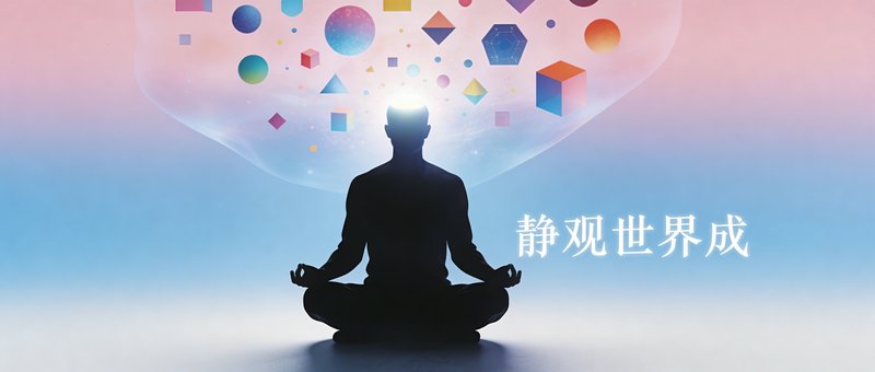 A silhouette in lotus pose meditating with colorful geometric shapes floating above against a pink-to-blue gradient.