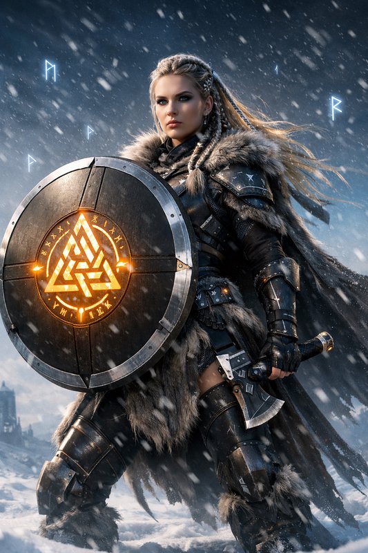 A fierce shieldmaiden stands in a harsh, snowy lan | EternaSky on ...