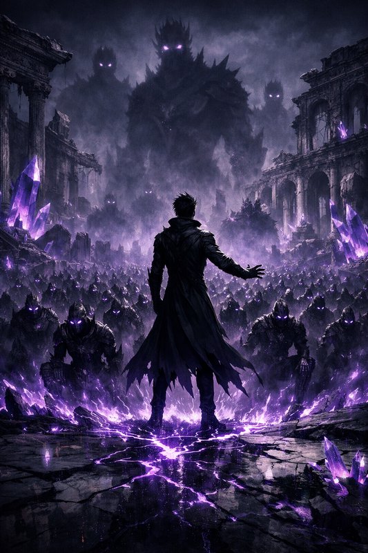 Cloaked hero facing a towering dark titan among glowing purple crystals in ruined ruins.