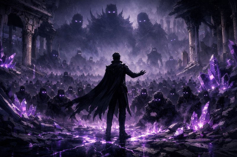 A lone cloaked figure stands before a vast army of glowing-eyed silhouettes amid purple crystalline formations.