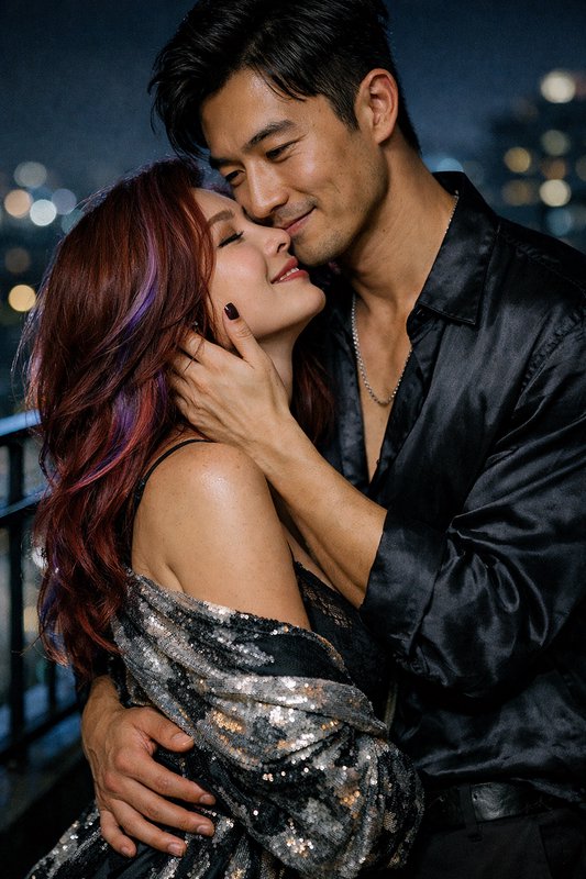 Romantic couple embracing on a city rooftop at night, woman with sequined jacket and purple-streaked hair.
