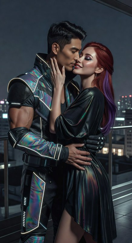 Couple in iridescent futuristic outfits embracing on a night city balcony.