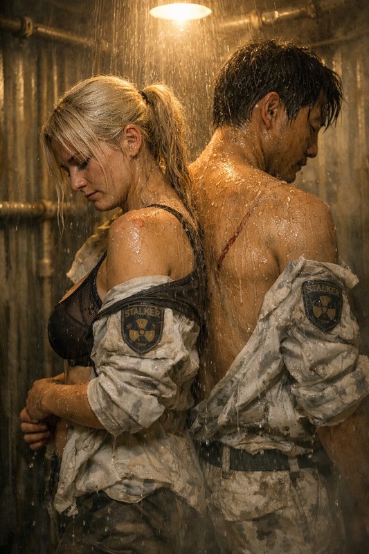 Back-to-back adults in dirty jackets with "Stalker" patches under a rain-soaked, amber-lit shower.