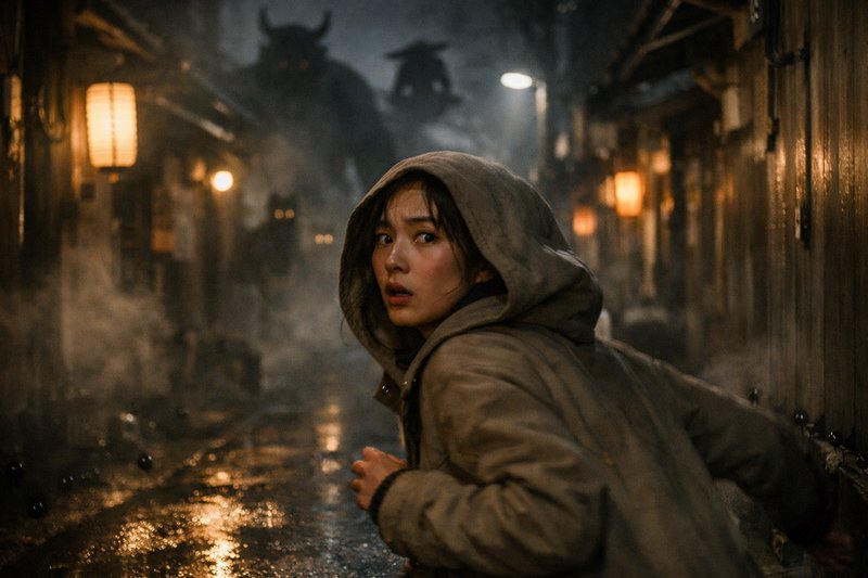 Young person in a hooded coat crouches in a moody, rain-soaked alley at night.