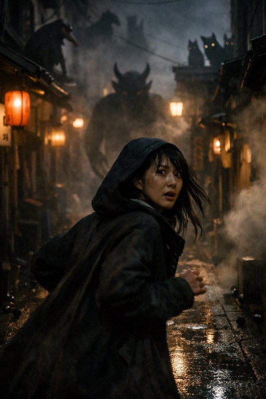 Young woman in a hooded cloak running through a lantern-lit, rain-soaked alley with a towering demon silhouette looming