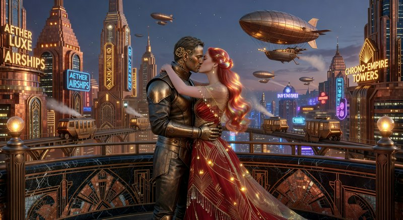 Romantic couple in a futuristic city kissing on a balcony amid airships and neon signage.