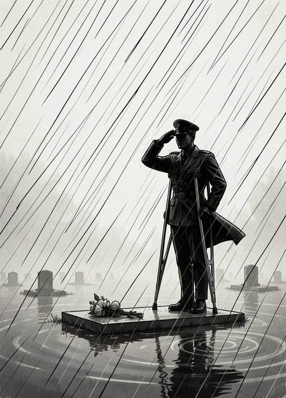 Black-and-white illustration of a military officer saluting on a small raft with flowers in heavy rain.