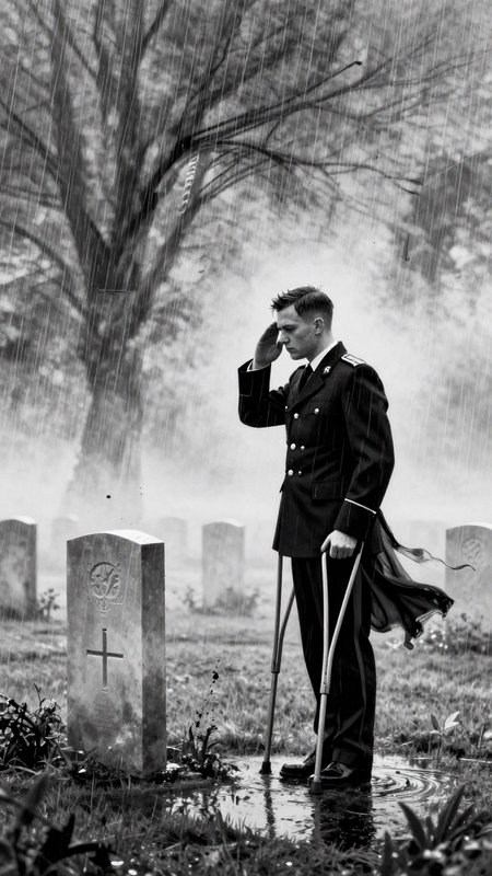 Man in military dress uniform with crutches in a rain-soaked, foggy cemetery.