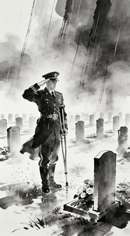 Military officer in dress uniform saluting beside a grave in a rain-soaked cemetery.