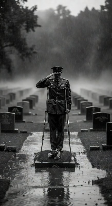 Black-and-white photo of a uniformed officer saluting on a rain-soaked cemetery grave with crutches.