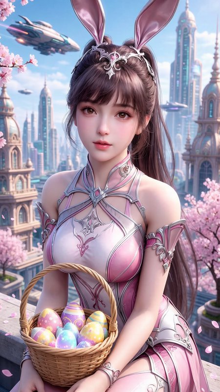 Anime-style girl in pink armor with bunny ears holding a basket of colorful eggs against a futuristic cityscape.