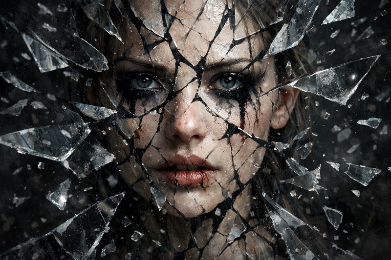 Portrait of a woman with shattered glass fragments across her face and moody dark makeup.