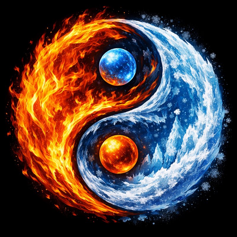 Yin-Yang illustration with fiery orange flames and icy blue waves orbiting glowing suns.