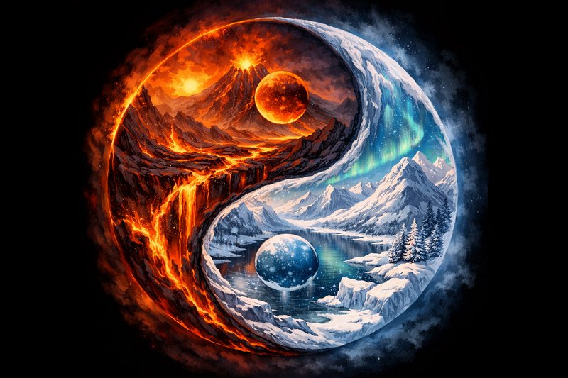 Circular yin-yang style art with fiery lava on the left and icy snowy mountains on the right.