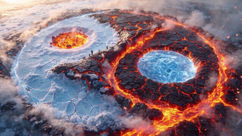 冰火两仪眼：A dramatic, ultra-detailed aerial view of a Yin-Yang Taijitu formed by a landscape of fire and ice: one magatama shaped curve molten lava and rivers of orange-red magma, the opposite curve a field of crystalline blue-white ice and frost. Each magatama contains a contrasting spot — a cool blue everlasting ice lake island embedded in the lava side, a small glowing magma fiery flaming bubbling ember within the ice side. Slight tilt for depth, wide-angle, 4K photorealism, crisp sharp textures: bubbling lava, cracked obsidian, frosted crystals, drifting steam and sparks. Golden-hour rim light, high contrast, cinematic mood, vast scale with tiny silhouetted figures on a ridge for scale.