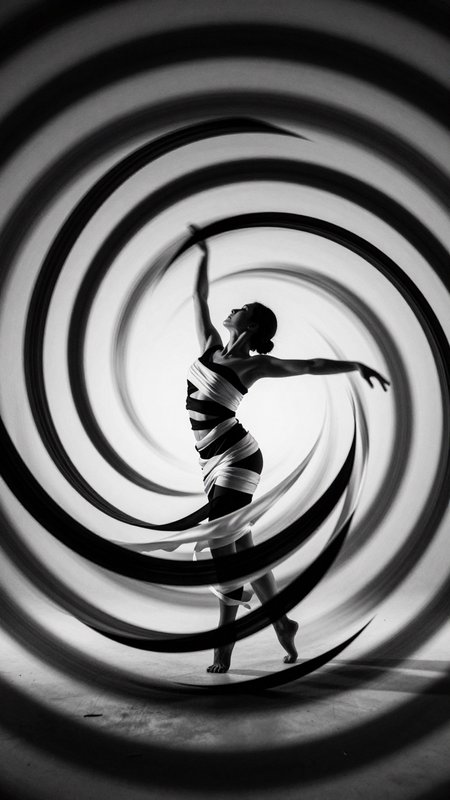 Silhouetted dancer inside swirling black-and-white circular rings, dynamic pose.