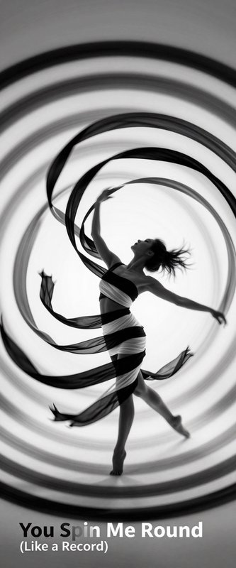 Silhouetted dancer spinning with flowing ribbons forming circular spirals.