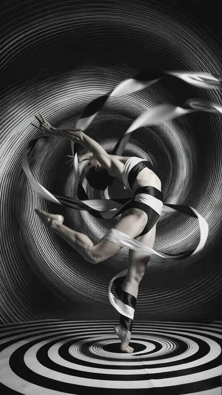 A hypnotic black-and-white scene composed of swirling concentric patterns and spiraling motion lines, creating a mesmerizing optical illusion background. At the center, a graceful female dancer is captured mid-motion, her body partially wrapped in flowing black and white ribbons that twist and spiral around her form, covering her essentials in an elegant and artistic way.

The ribbons extend outward into the environment, seamlessly blending into the hypnotic vortex, as if she is both generating and being consumed by the motion. Her pose is dynamic—arched spine, extended limbs, caught in a continuous spin—suggesting fluid, rhythmic movement.

The entire composition feels synchronized to the energy of the song “You Spin Me Round (Like a Record)”, visually echoing rotation, repetition, and pulsating rhythm. Motion blur subtly trails her limbs and ribbons, enhancing the sense of spinning velocity.

Lighting is high-contrast, studio-style monochrome, emphasizing silhouette, curvature, and ribbon flow. The aesthetic leans toward avant-garde fashion editorial with a touch of surrealism and Op Art.

op art, hypnotic spiral, high contrast monochrome.
avant-garde fashion editorial, surreal motion. 
long exposure motion blur, dynamic spin pose. 
elegant sensuality, non-explicit artistic nudity. 
studio lighting, sharp highlights, deep blacks.