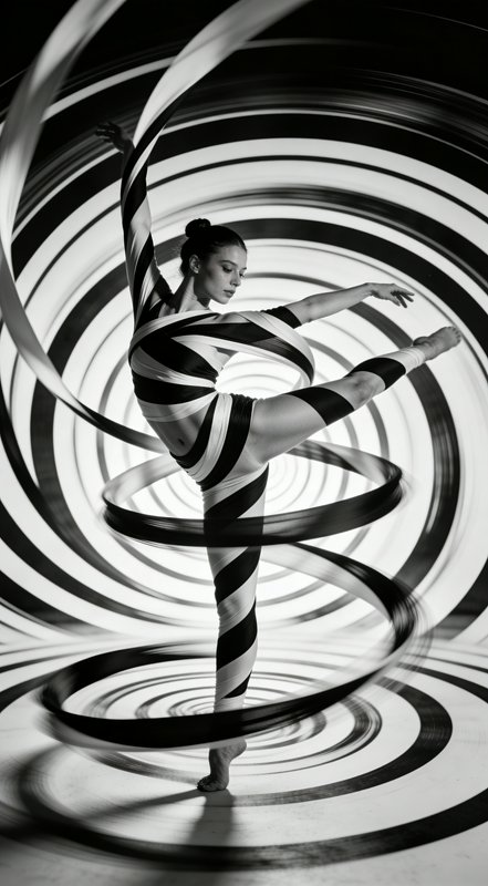 A hypnotic black-and-white scene composed of swirling concentric patterns and spiraling motion lines, creating a mesmerizing optical illusion background. At the center, a graceful female dancer is captured mid-motion, her body partially wrapped in flowing black and white ribbons that twist and spiral around her form, covering her essentials in an elegant and artistic way.

The ribbons extend outward into the environment, seamlessly blending into the hypnotic vortex, as if she is both generating and being consumed by the motion. Her pose is dynamic—arched spine, extended limbs, caught in a continuous spin—suggesting fluid, rhythmic movement.

The entire composition feels synchronized to the energy of the song “You Spin Me Round (Like a Record)”, visually echoing rotation, repetition, and pulsating rhythm. Motion blur subtly trails her limbs and ribbons, enhancing the sense of spinning velocity.

Lighting is high-contrast, studio-style monochrome, emphasizing silhouette, curvature, and ribbon flow. The aesthetic leans toward avant-garde fashion editorial with a touch of surrealism and Op Art.

op art, hypnotic spiral, high contrast monochrome.
avant-garde fashion editorial, surreal motion. 
long exposure motion blur, dynamic spin pose. 
elegant sensuality, non-explicit artistic nudity. 
studio lighting, sharp highlights, deep blacks.