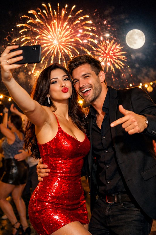 A couple posing for a selfie at a festive night party with fireworks in the background.